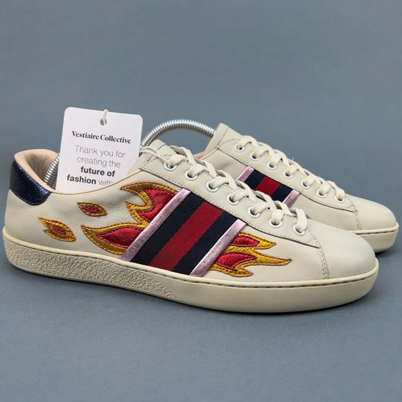 GUCCI Web Ace Fire sneaker beige leather phyton heel 7 G or 7.5 US 41 EUR 440724 - Picture 4 of 14
